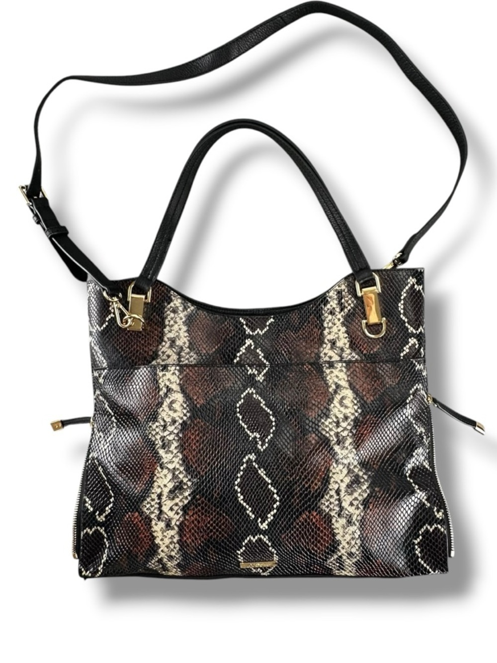 Vince Camuto Emely Snake Embossed Leather Tote Handbag Brown Black Cream Large